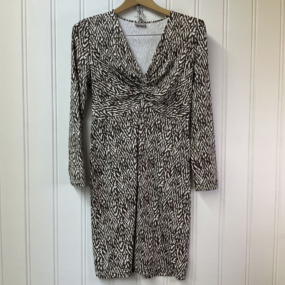 Ellie Kai‎ Dress Size 4 V-Neck Twist 3/4 Sleeve Brown Cream Print Womens